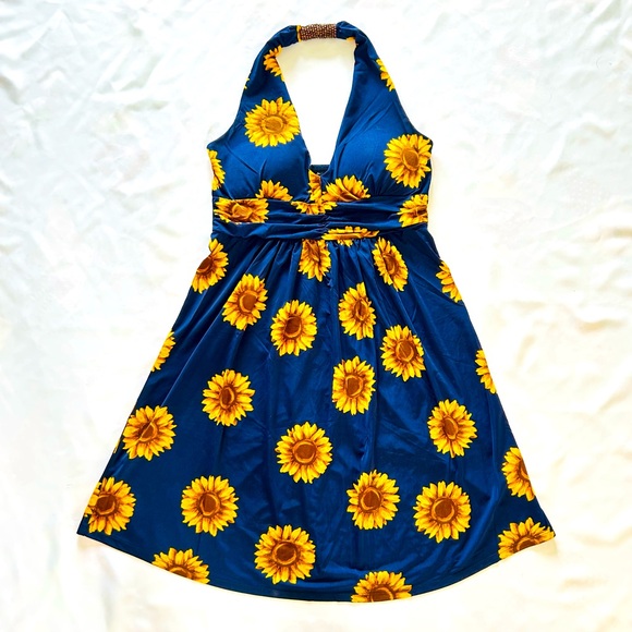 NWT Navy Blue Sunflower Halter Dress Golden Yellow Floral Spring Summer Cottage - Picture 1 of 5